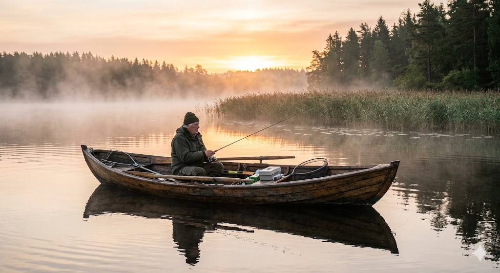 Angeln in Schweden – ruhiger See in Småland mit Boot und Steg