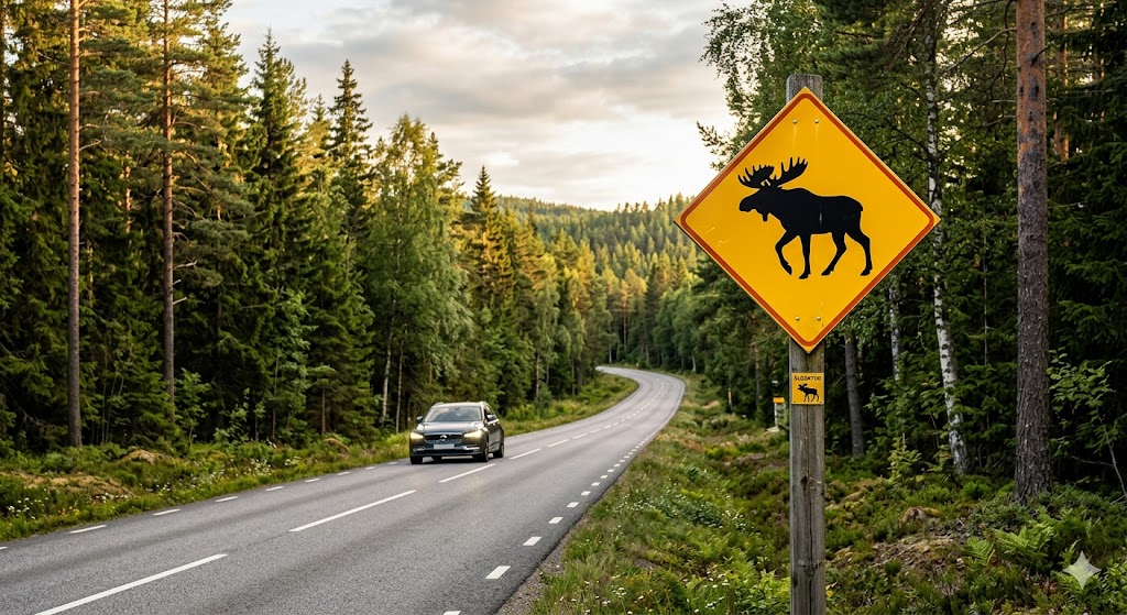 Elch-Warnschild in Schweden – gelbe Raute mit Elchsymbol an Landstraße