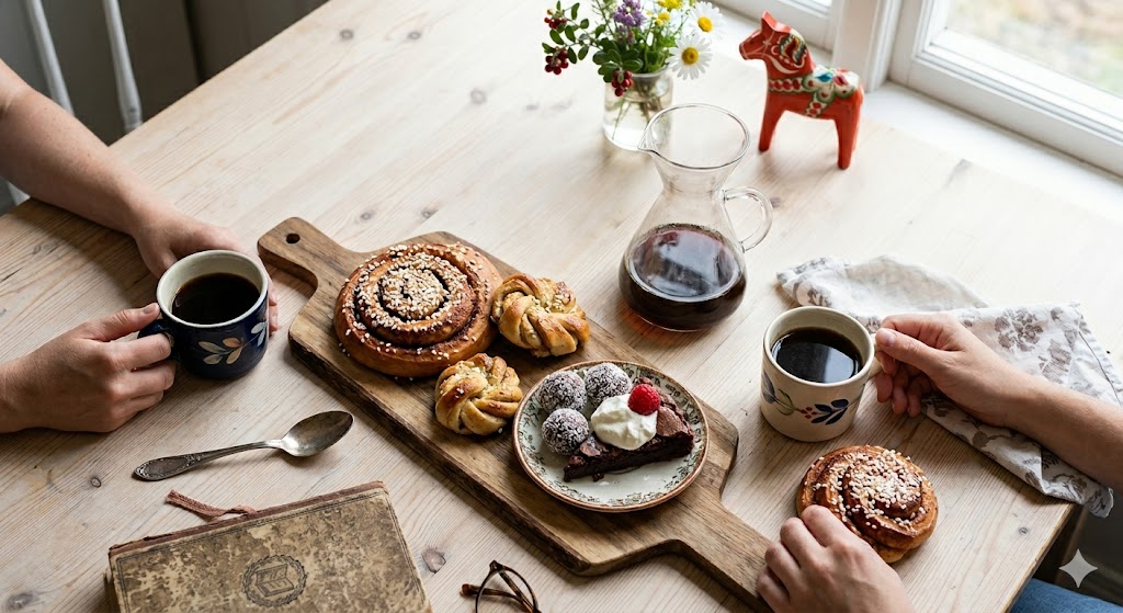 Fika – Kanelbulle und Kaffee auf Holztisch