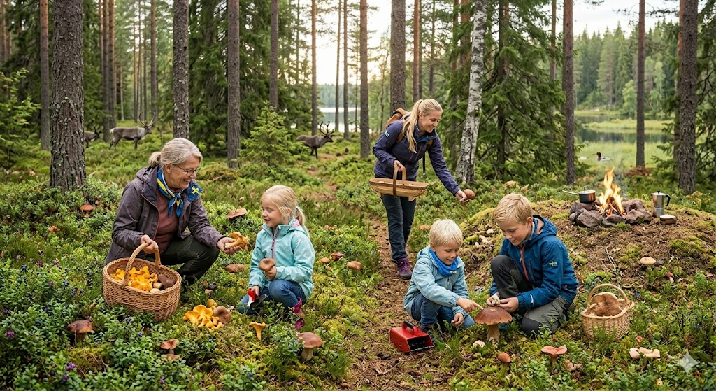 Blaubeeren sammeln in schwedischem Wald – wilde Beeren in der Hand
