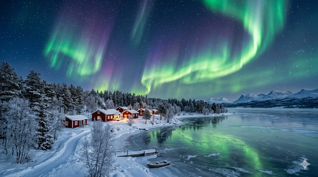 Polarlichter über einem schwedischen See in der Nacht