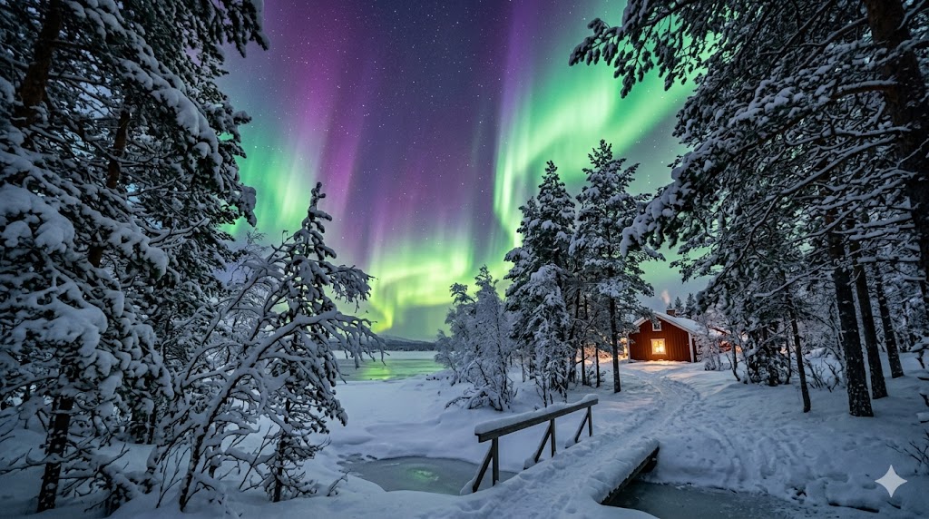 Polarlicht-Tour in Lappland Schweden – Gruppe mit Schneemobil unter grünem Nordlicht bei Kiruna
