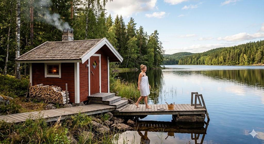 Badstuga am schwedischen See im Abendlicht