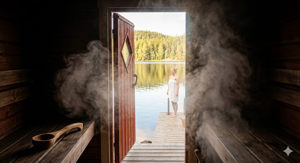 Blick aus der geöffneten Sauna auf den schwedischen See – Dampf steigt auf