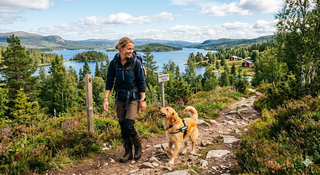 Golden Retriever läuft am Ufer eines schwedischen Sees durch flaches Wasser