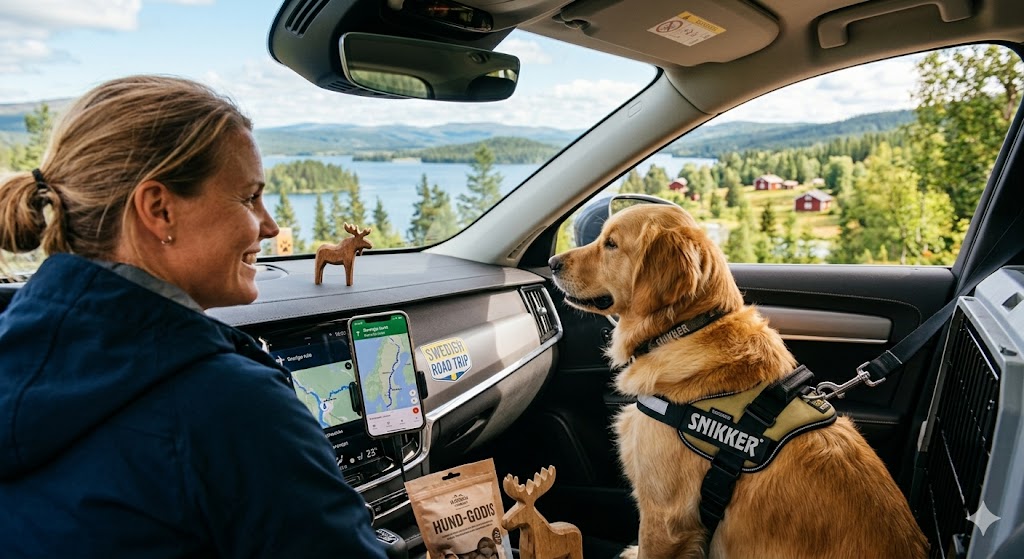 Hund läuft durch einen schwedischen Kiefernwald auf Moosboden