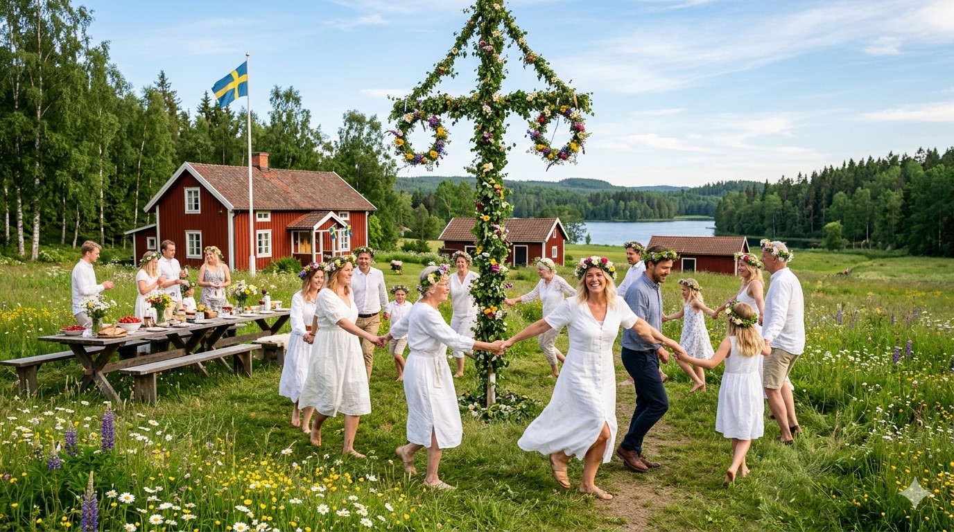 Mittsommerfest in Schweden mit Maibaumtanz