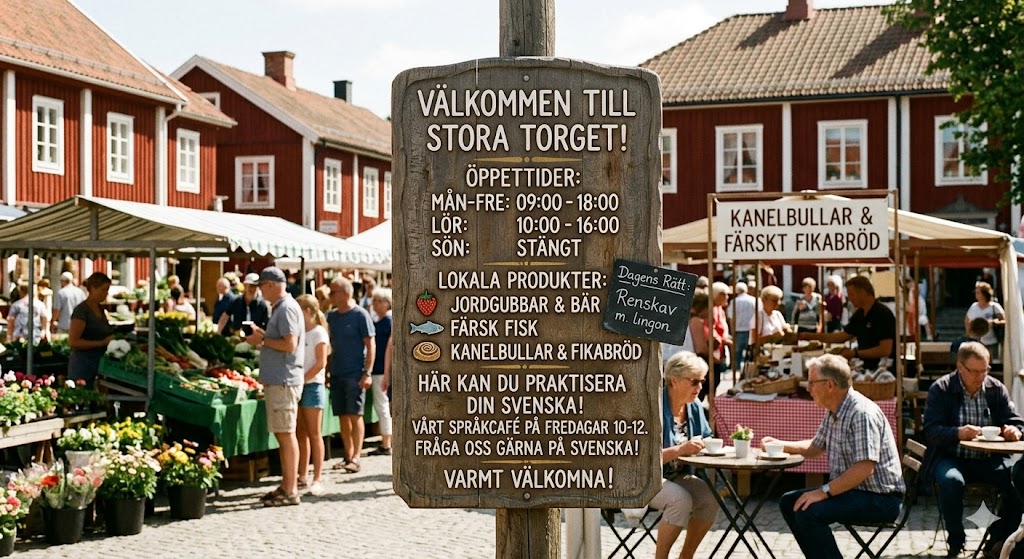 Schwedisch in der Praxis – Schild auf einem schwedischen Marktplatz