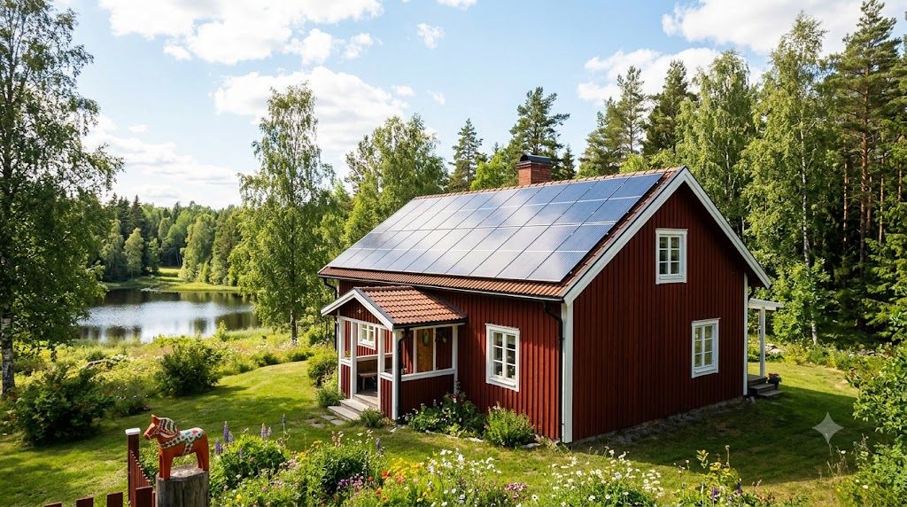 Solarmodule auf dem Dach eines Ferienhauses in Schweden