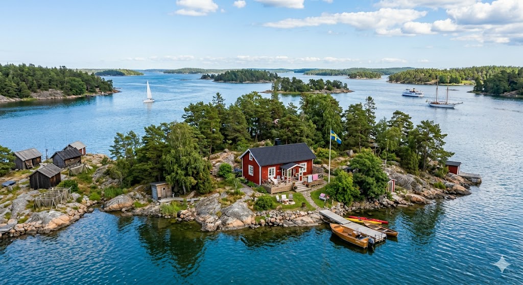Stockholmer Schärengarten – Insel mit rotem Holzhaus und Wasser
