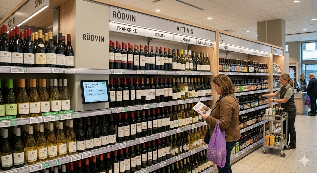 Innenraum eines Systembolaget mit Regalen voller Weine und Spirituosen